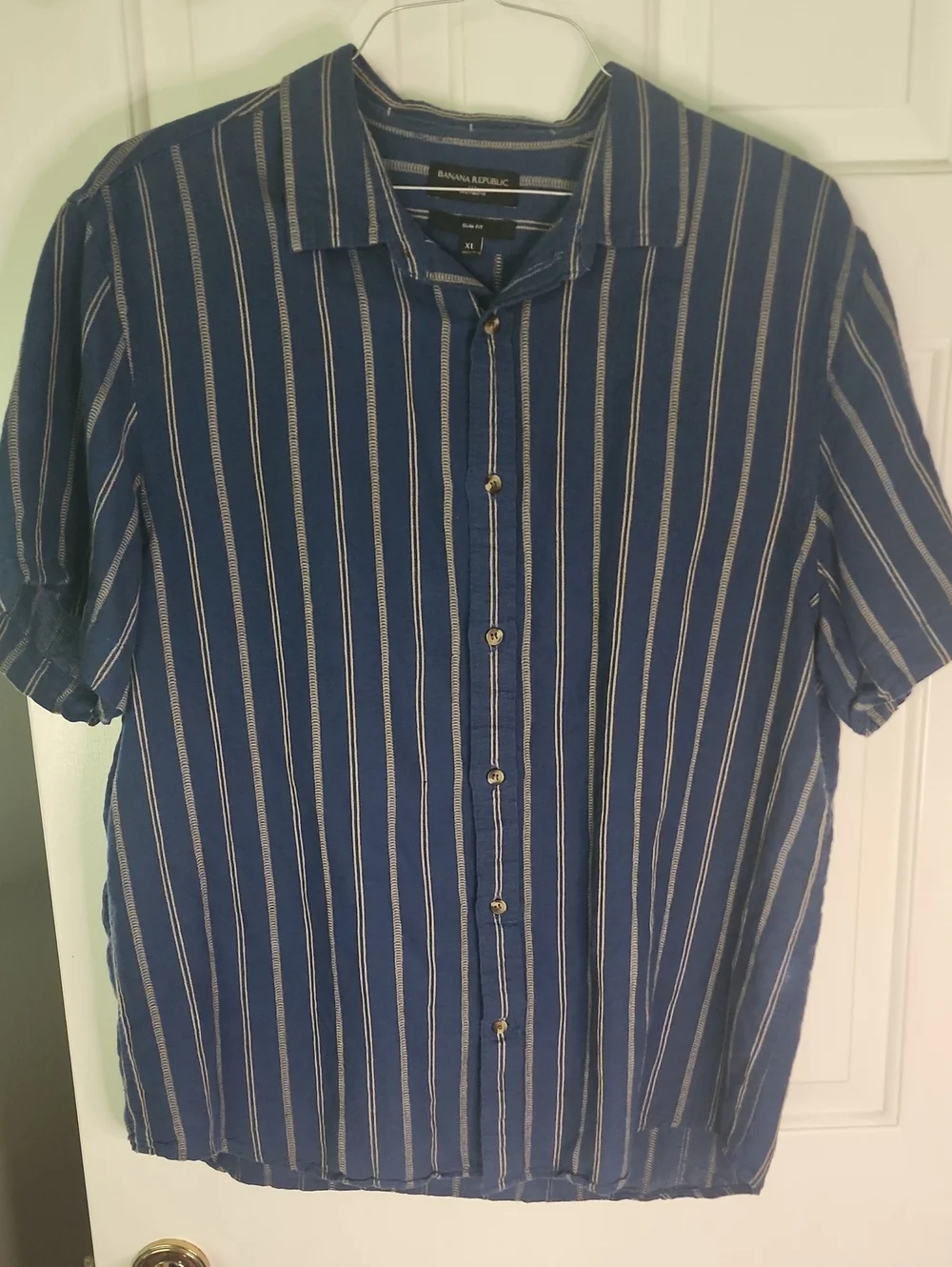 Banana Republic Navy Blue Vertical Stripe Short-Sleeve Button-Up